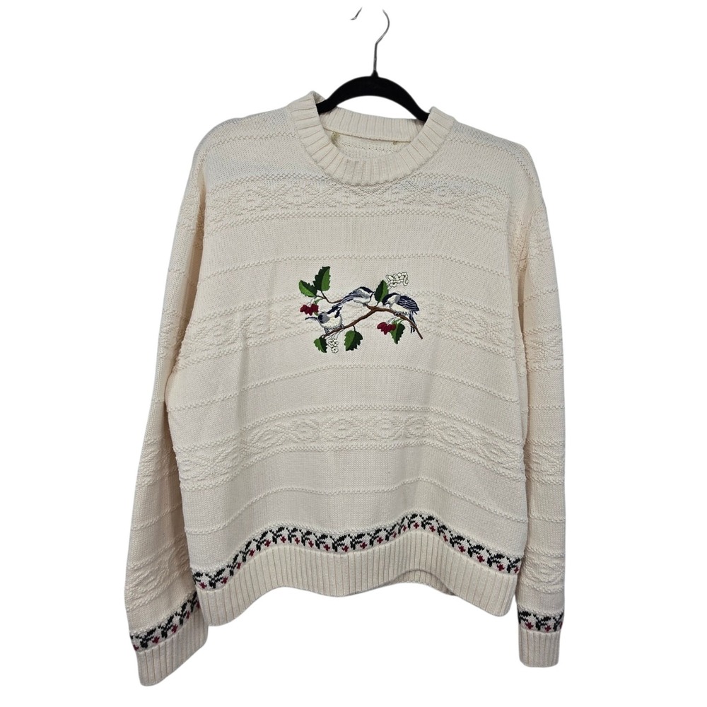 Vintage 90s CABELA'S Cable Knit Embroidered Bird Sweater Women XL Ivory Holiday